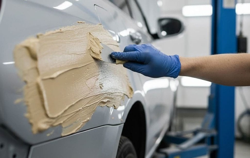 нанесение шпаклевки на крыло автомобиля нанесение шпаклевки на крыло автомобиля