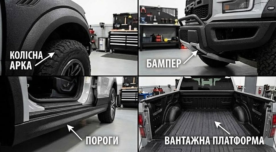 Применение Raptor на автомобиле: пороги, колесные арки, бампер, платформа