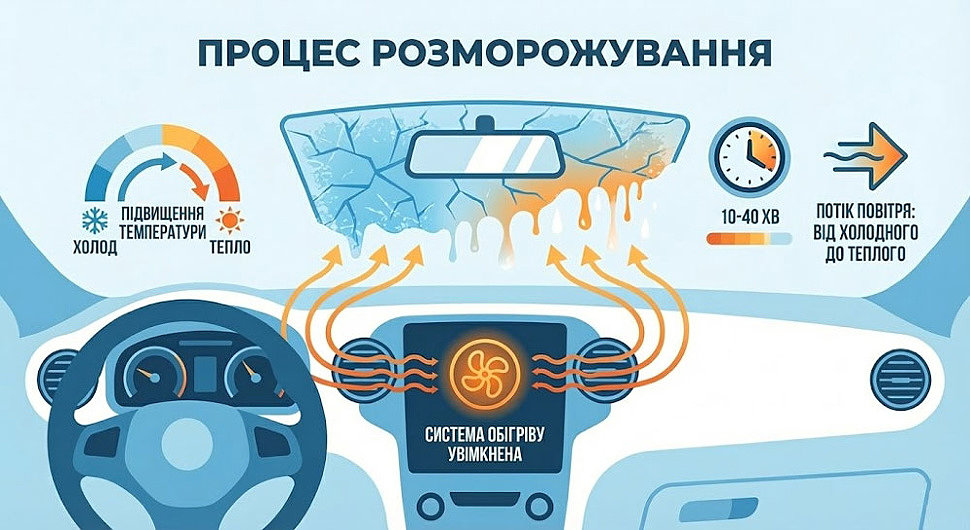 Схема прогрева лобового стекла штатным отопителем автомобиля - размораживание льда теплым воздухом Схема прогрева лобового стекла штатным отопителем автомобиля - размораживание льда теплым воздухом
