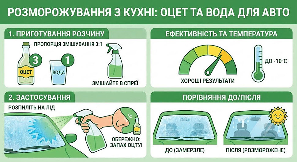 Уксусный раствор 3 к 1 для разморозки лобового стекла автомобиля зимой Уксусный раствор 3 к 1 для разморозки лобового стекла автомобиля зимой