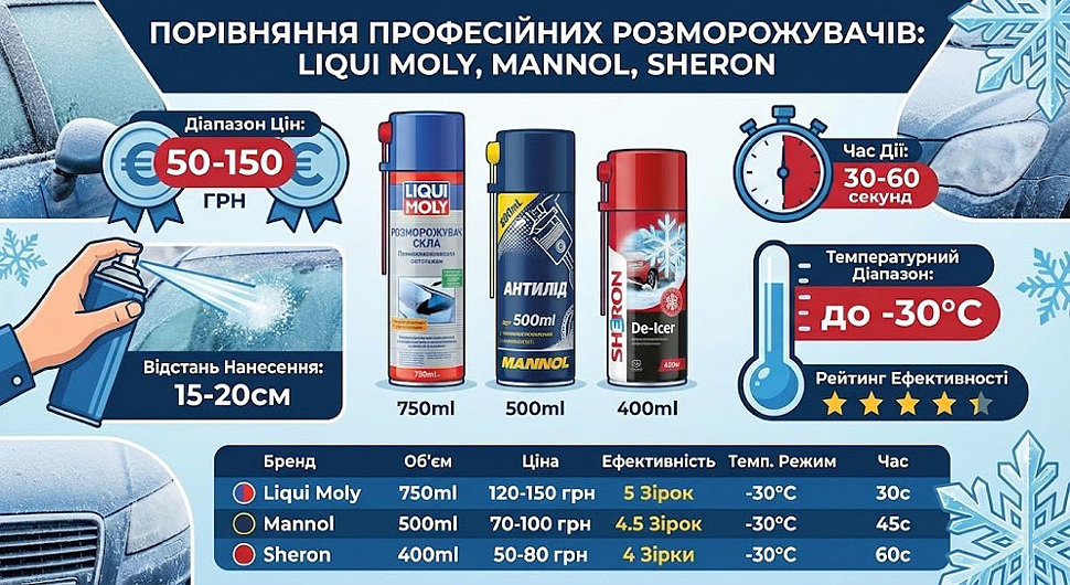 Лучшие размораживатели стекол автомобиля - спреи Liqui Moly, Mannol, Sheron сравнение цен Лучшие размораживатели стекол автомобиля - спреи Liqui Moly, Mannol, Sheron сравнение цен
