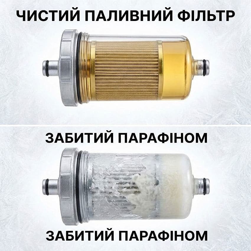 Сравнение чистого и забитого парафином топливного фильтра дизельного двигателя при замерзании топлива Сравнение чистого и забитого парафином топливного фильтра дизельного двигателя при замерзании топлива