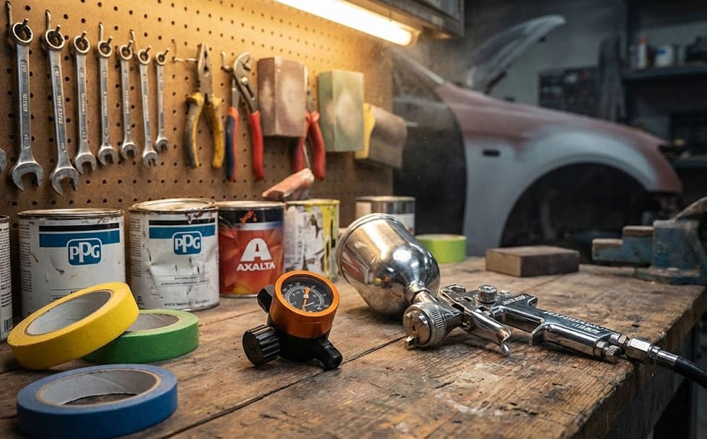 оживленная мастерская, регулятор лежит рядом с краскопультом, малярным скотчем и банками краски